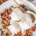 strawberry rose streusel on a plate with ice cream on top