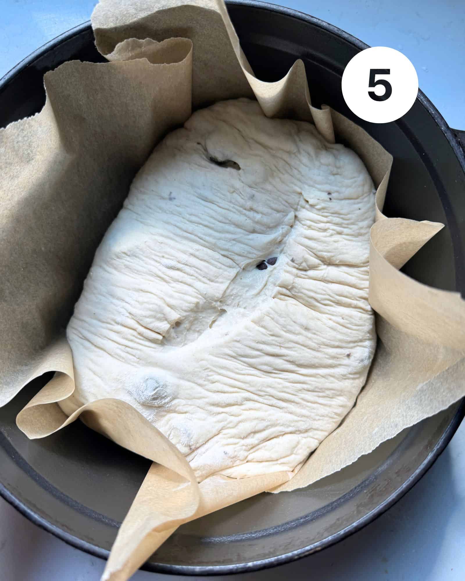bread dough in a cast iron dutch oven with parchment paper.