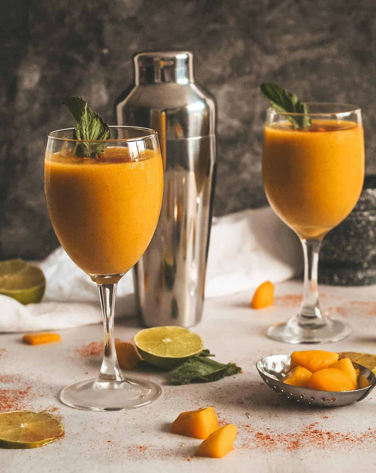 mango drink in wine glass