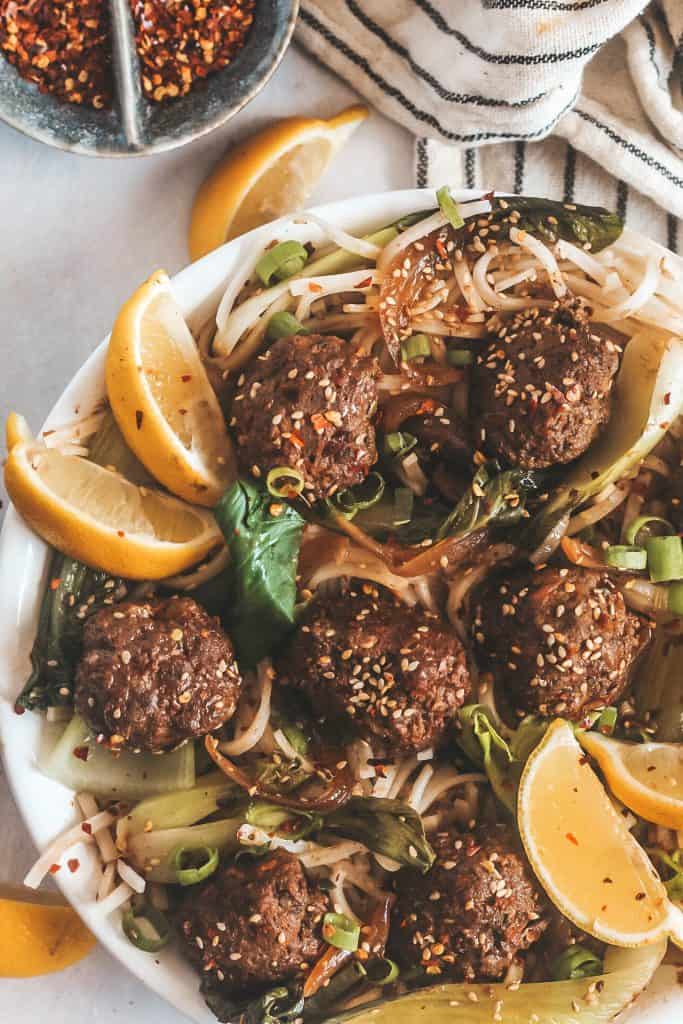 balsamic meatballs with rice noodles