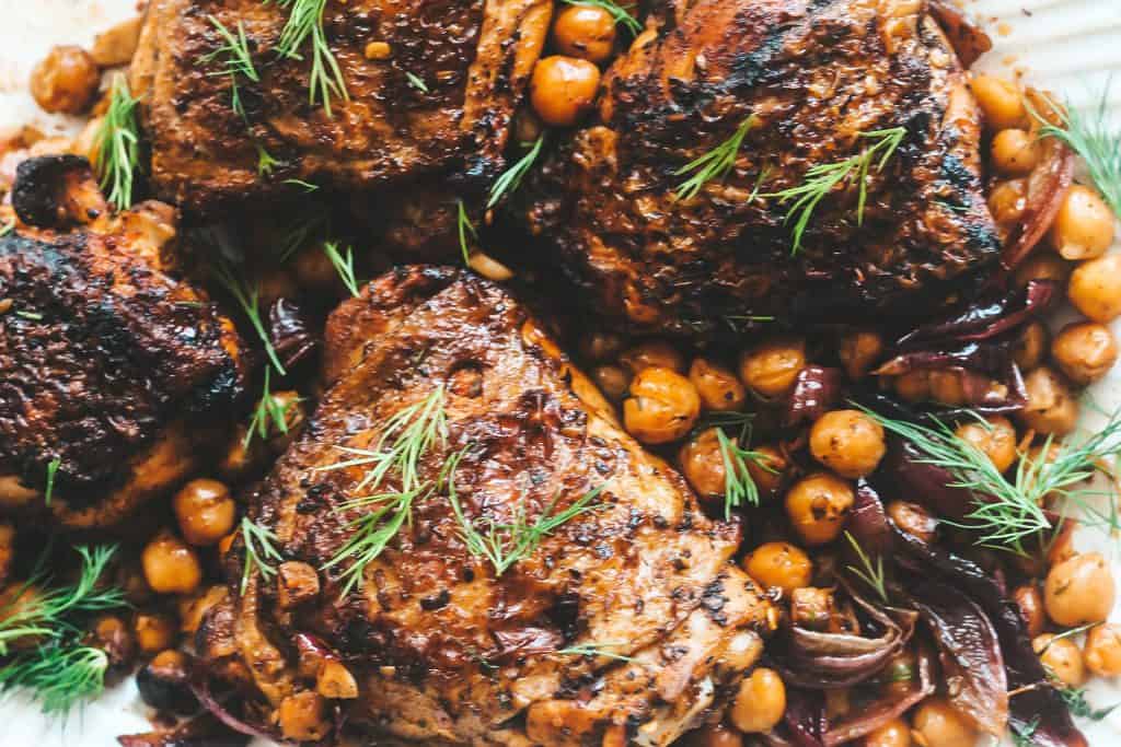 honey za'atar chicken with chickpeas on a plate