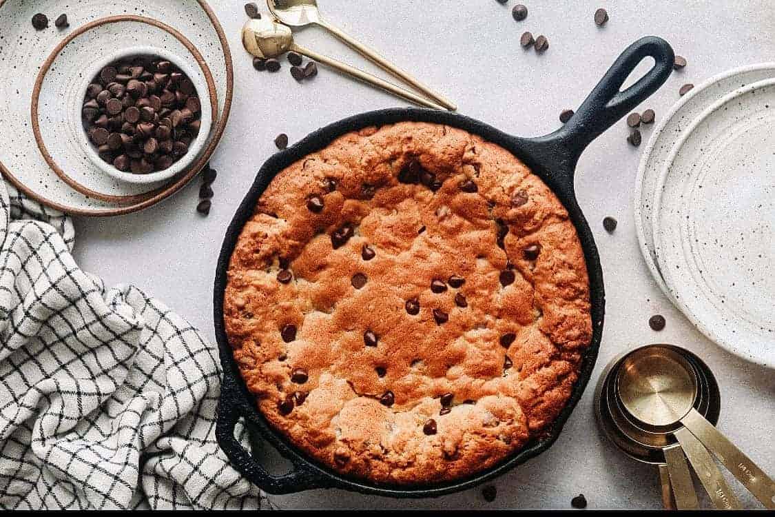 a skillet cookie in a pan