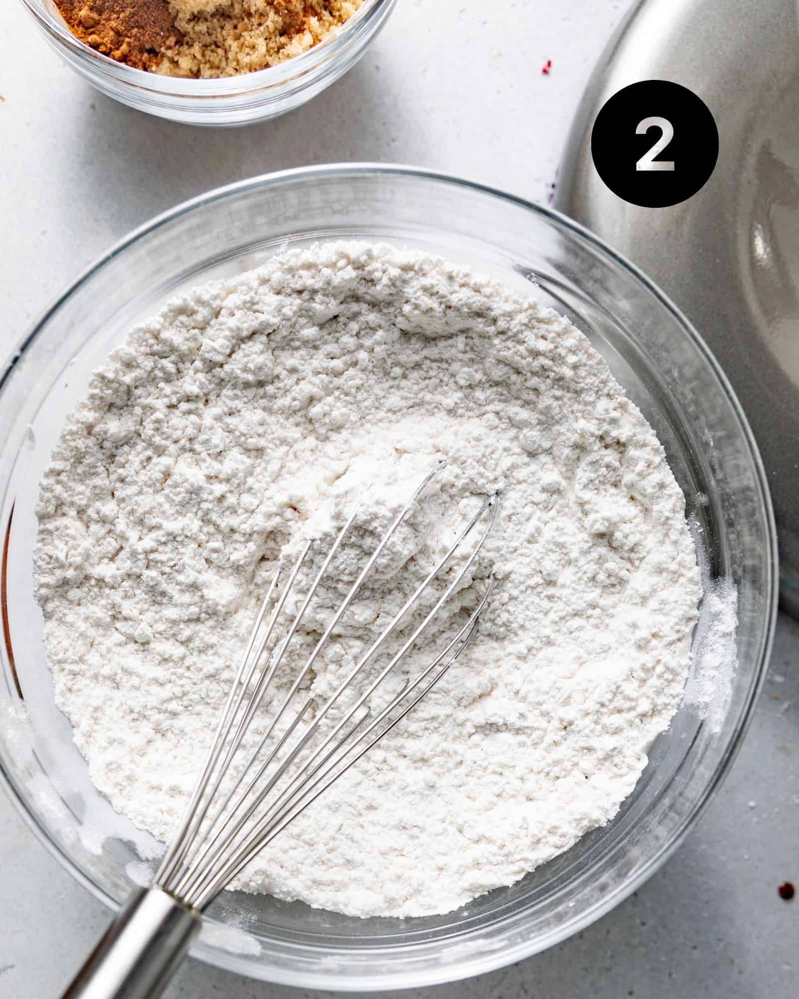 cake flour, baking soda, and kosher salt whisked together in a large mixing bowl.