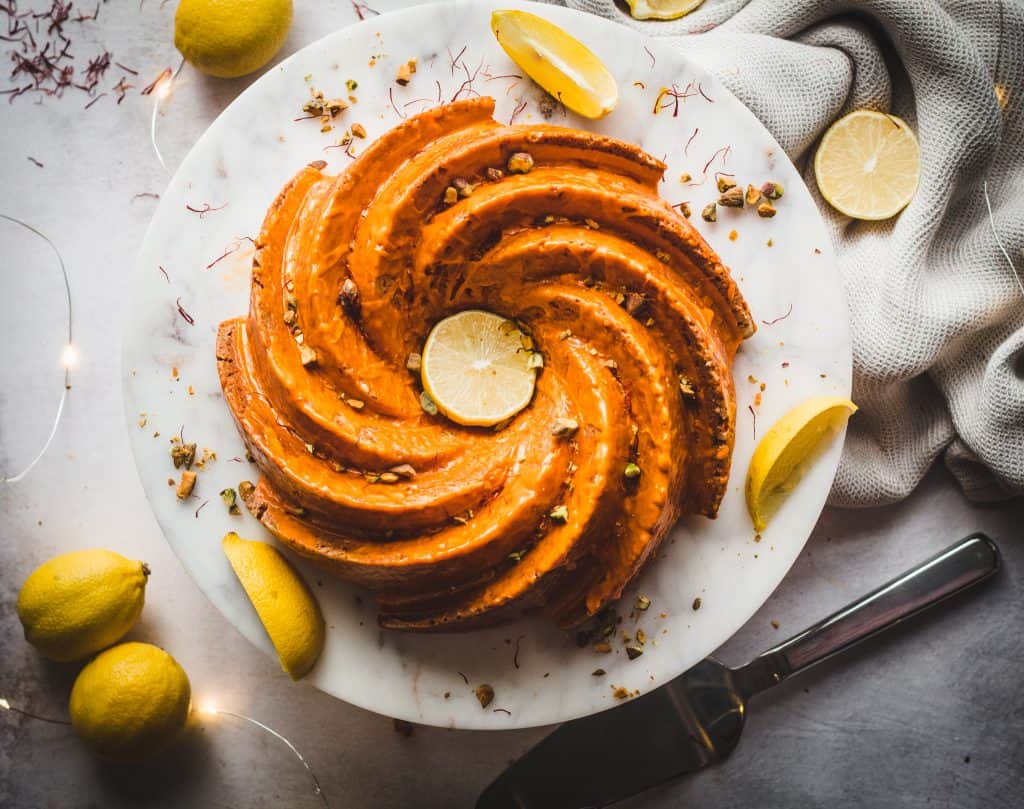 LEMON CREAM cake with saffron glaze