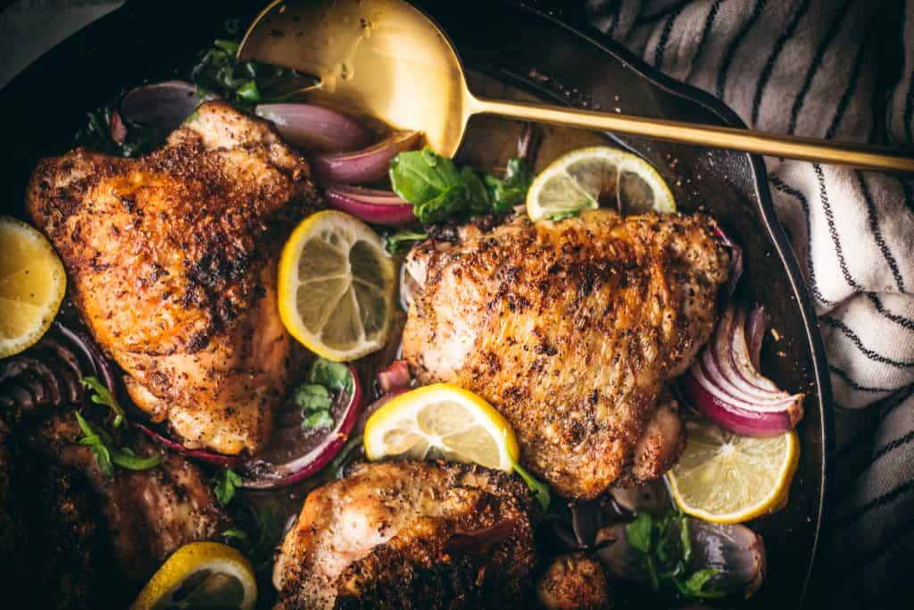 herb roasted chicken with red onion and lemon