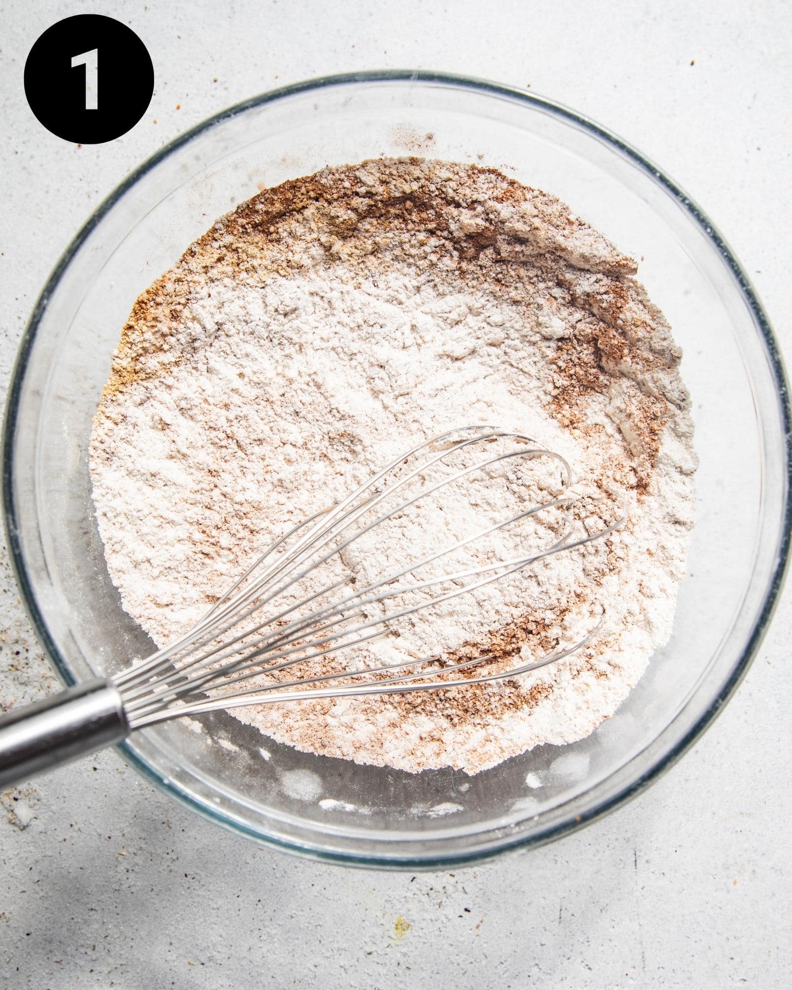 dry ingredients in a mixing bowl with a whisk.