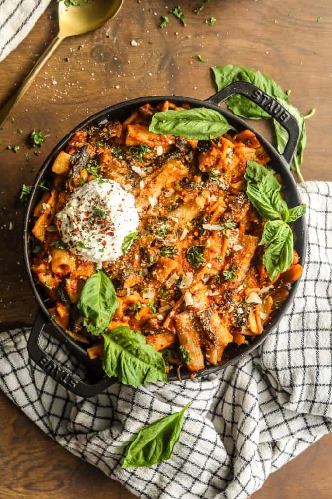 one pot creamy tomato pasta with basil in a large pot