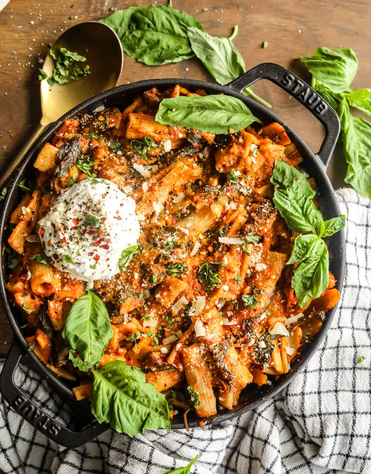 One Pot Creamy Tomato Pasta with Spinach and Mushrooms in a large dutch oven