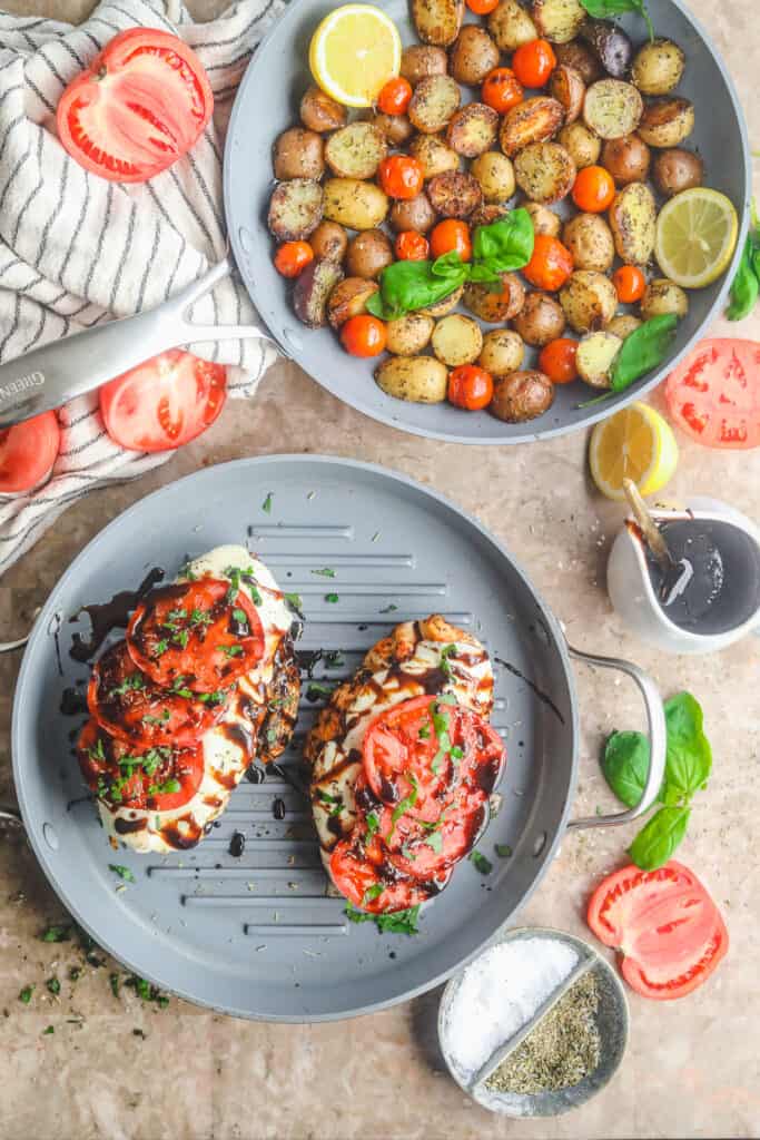 Caprese Grilled Chicken with Roasted Potatoes