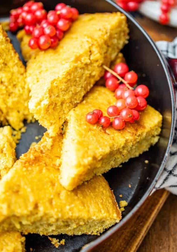 sliced cornbread in a skillet