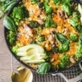 Easy Chicken Broccoli and Cheese Casserole on a cooling rack with a dish cloth