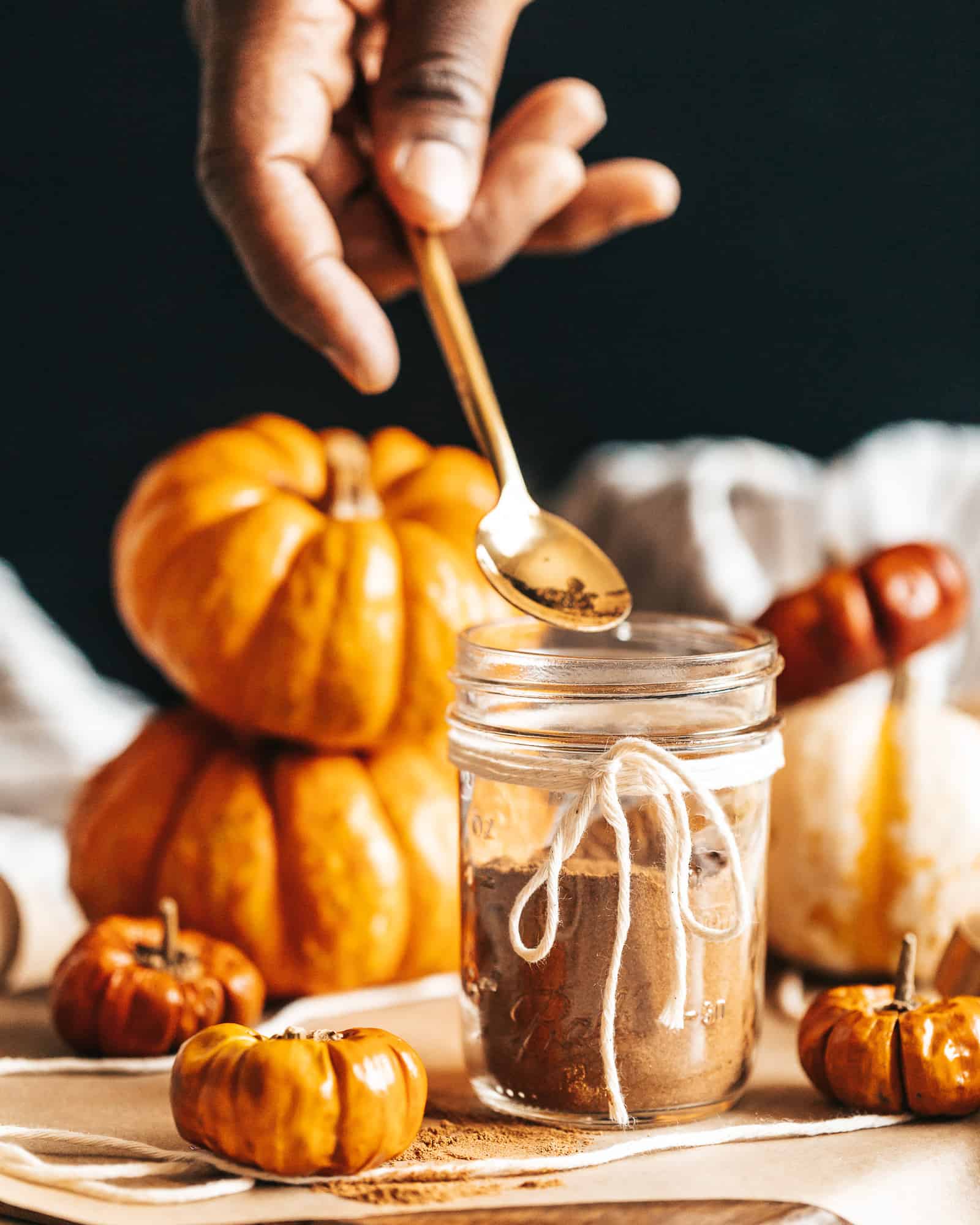 A hand holding a spoonful of Homemade Pumpkin Spice over a jar of more spice with an assortment of pumpkins in the background.