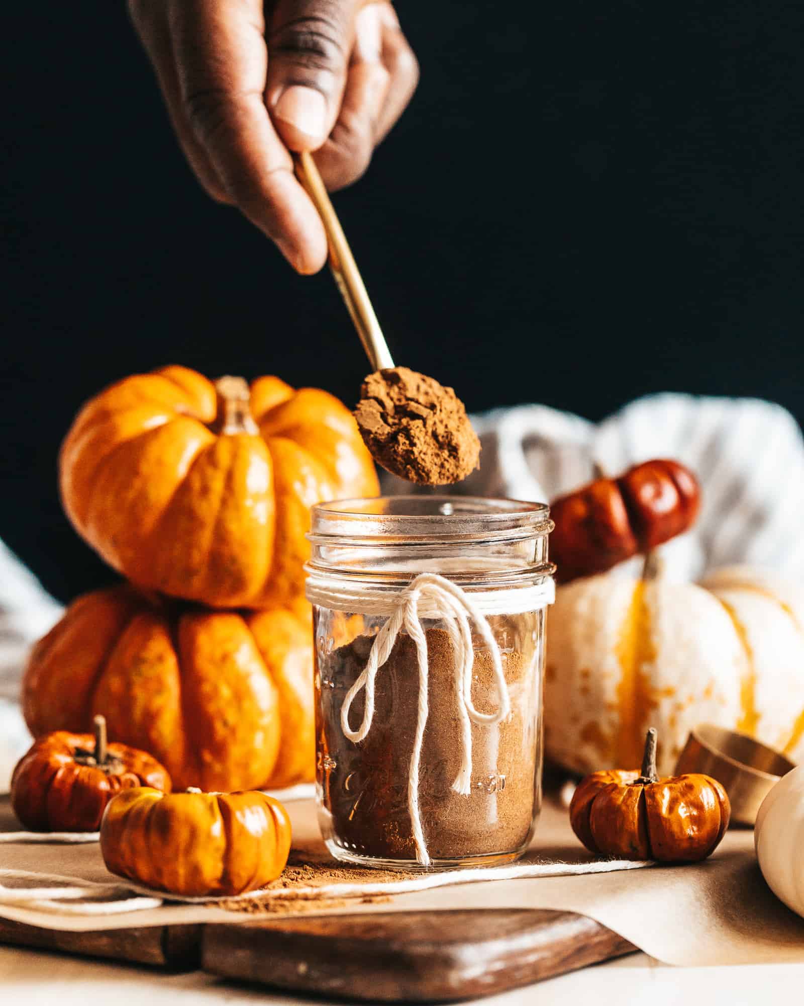 Homemade Pumpkin Spice on a spoon with pumpkins in the background