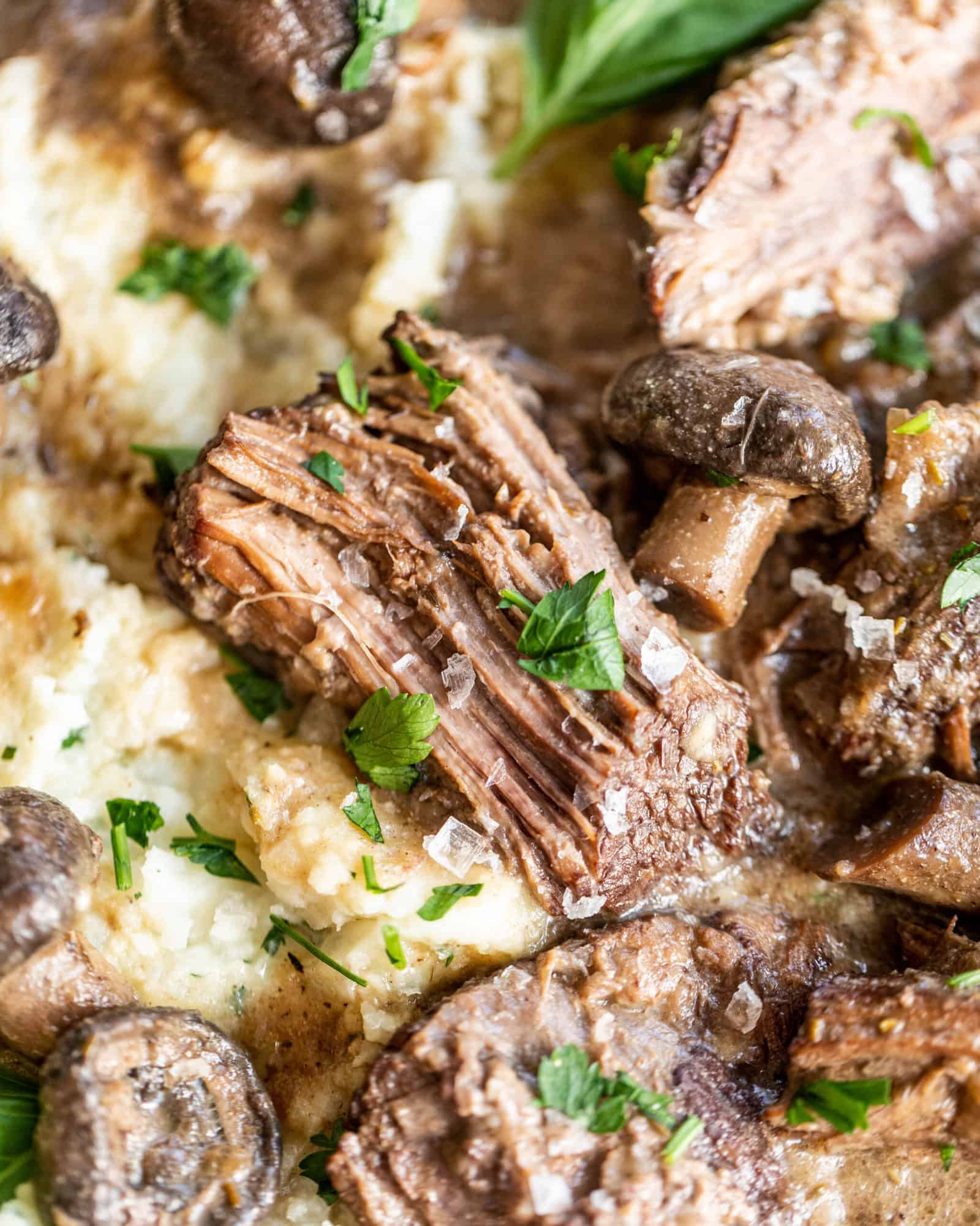tender beef on top of mashed potatoes with mushrooms