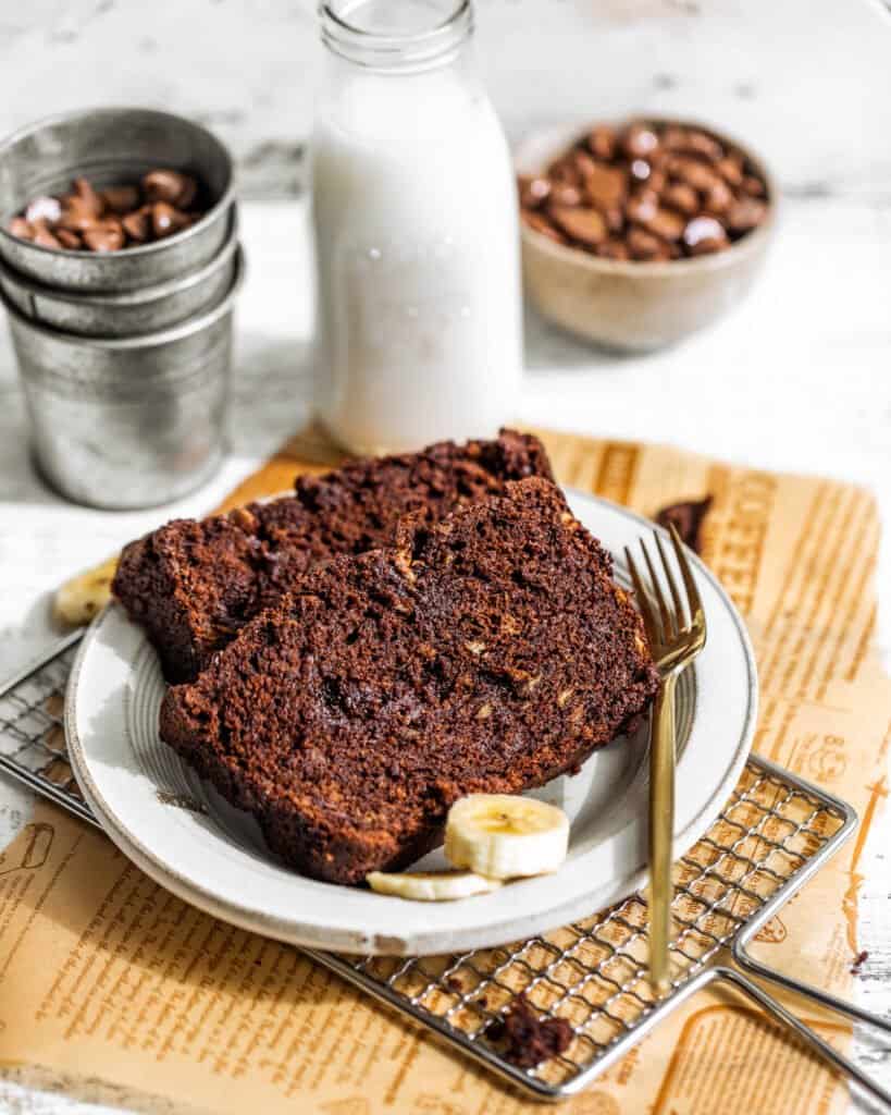 two slices of chocolate banana bread on a plate