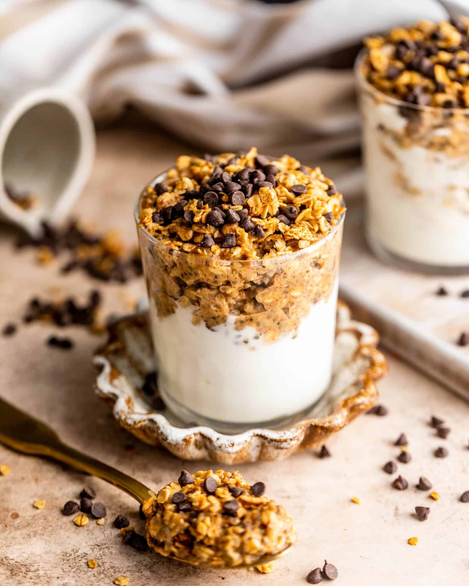 Cookie Dough overnight oats in a glass with yogurt