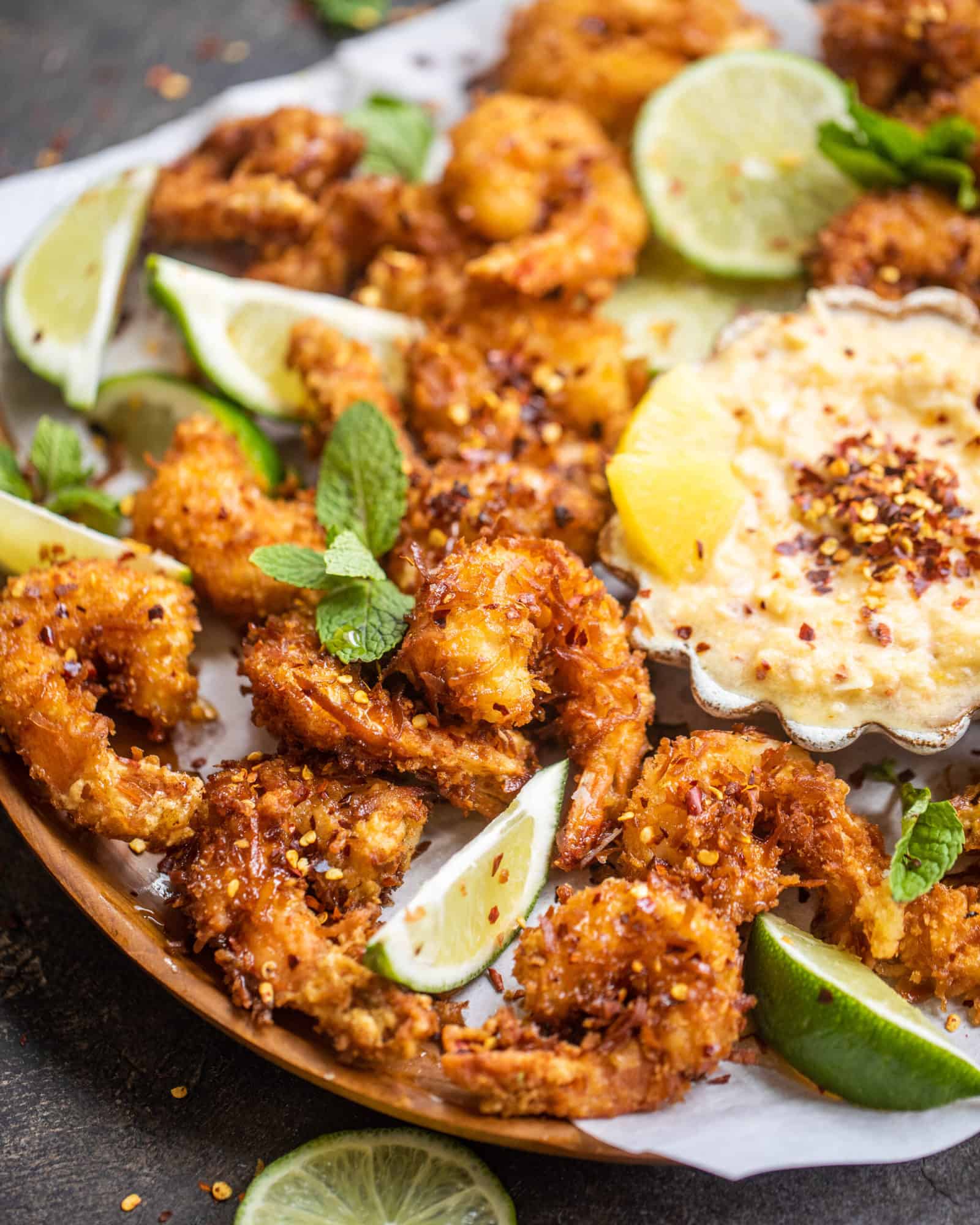 crispy coconut shrimp on a serving platter