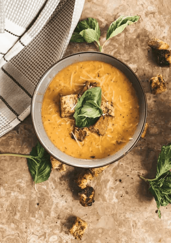Creamy Heirloom Tomato Soup with Garlic Croutons