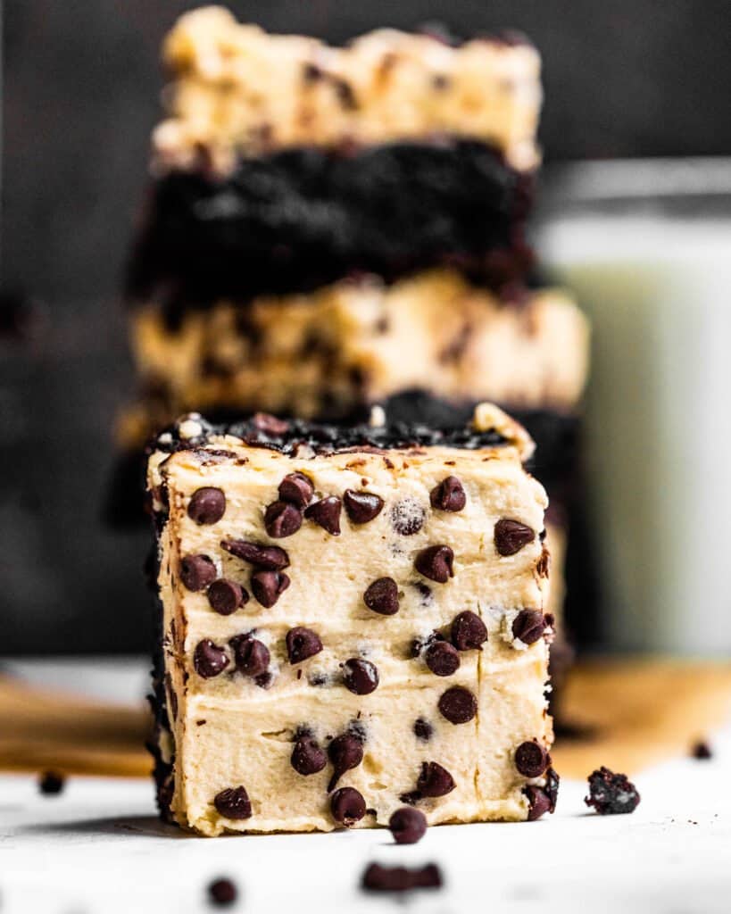 cookie dough brownie surrounded by chocolate chips