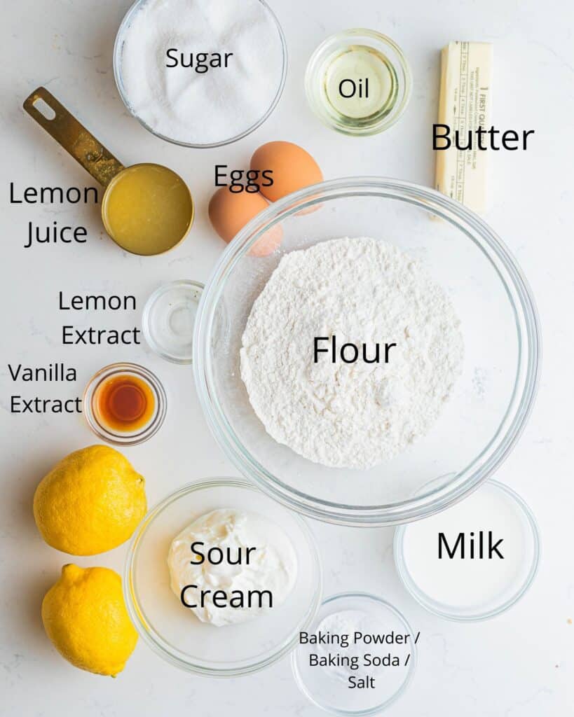 a list of ingredients needed to make lemon raspberry cupcakes in bowls