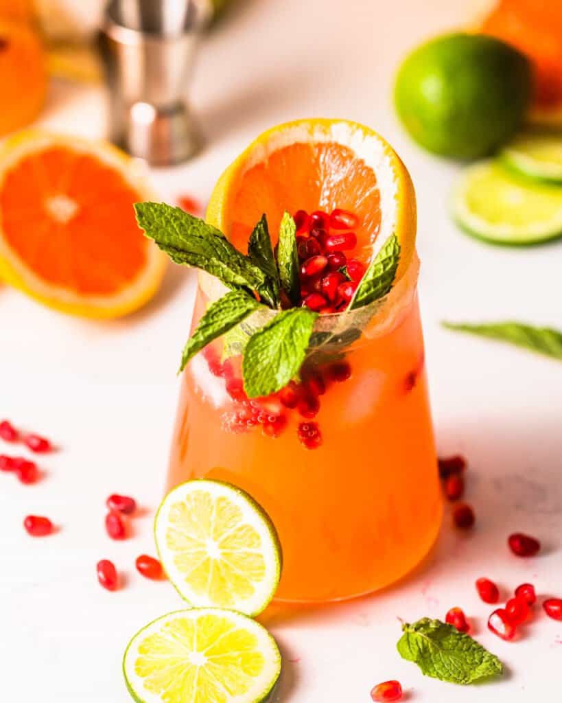 grapefruit and limes in a glass with pomegranate arils and mint leaves