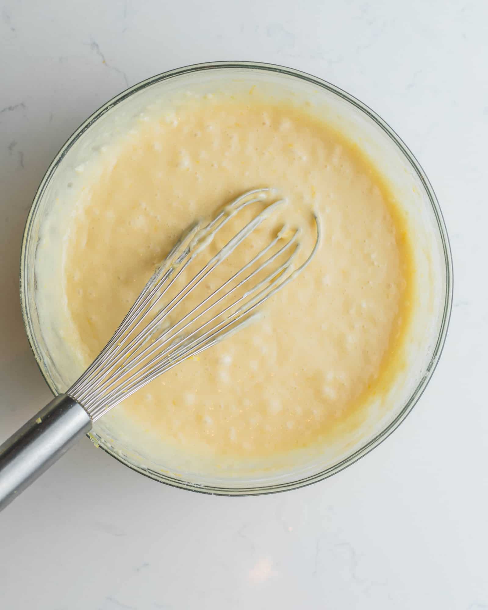 finished cupcake batter in a large mixing bowl