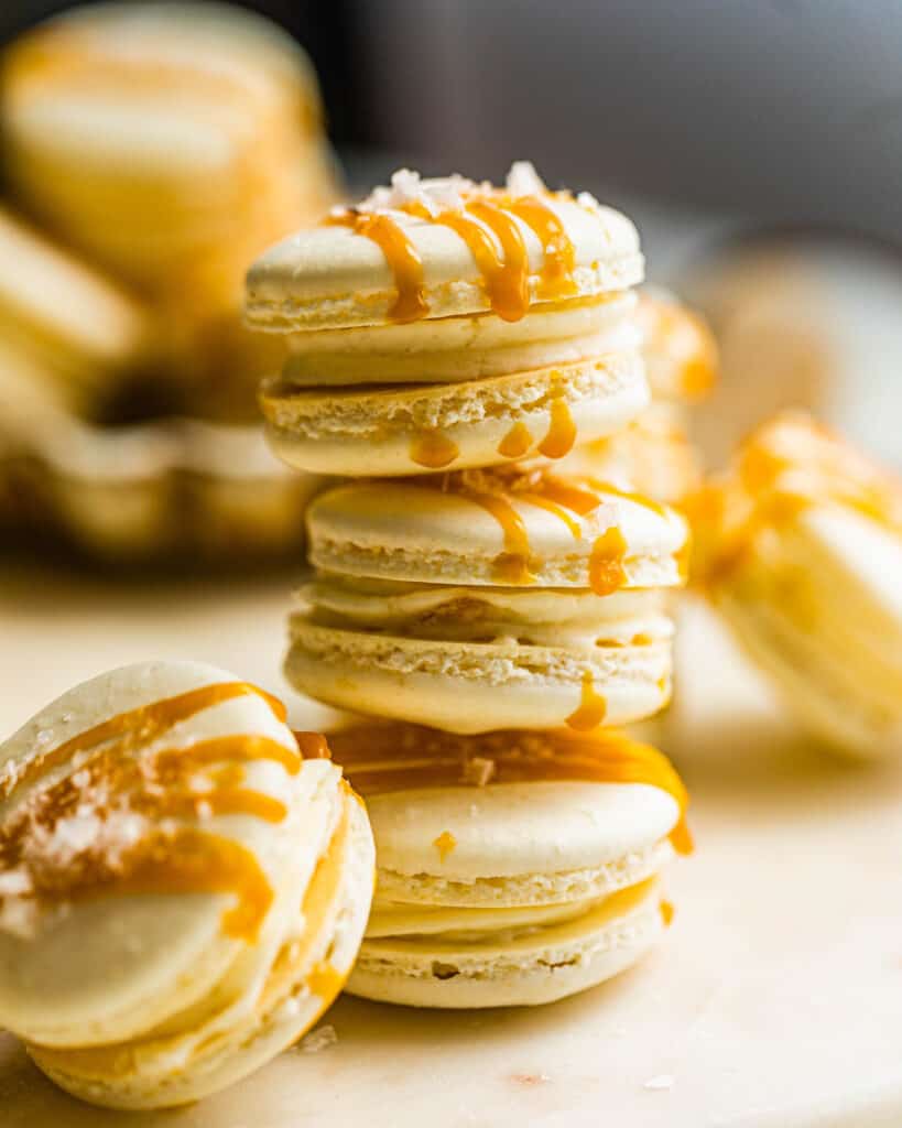 salted caramel macarons in a bowl