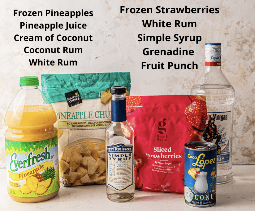 ingredients needed to make a miami vice - frozen strawberries, white rum, simple syrup, grenadine, frozen pineapples, coconut rum, pineapple juice, and cream of coconut.