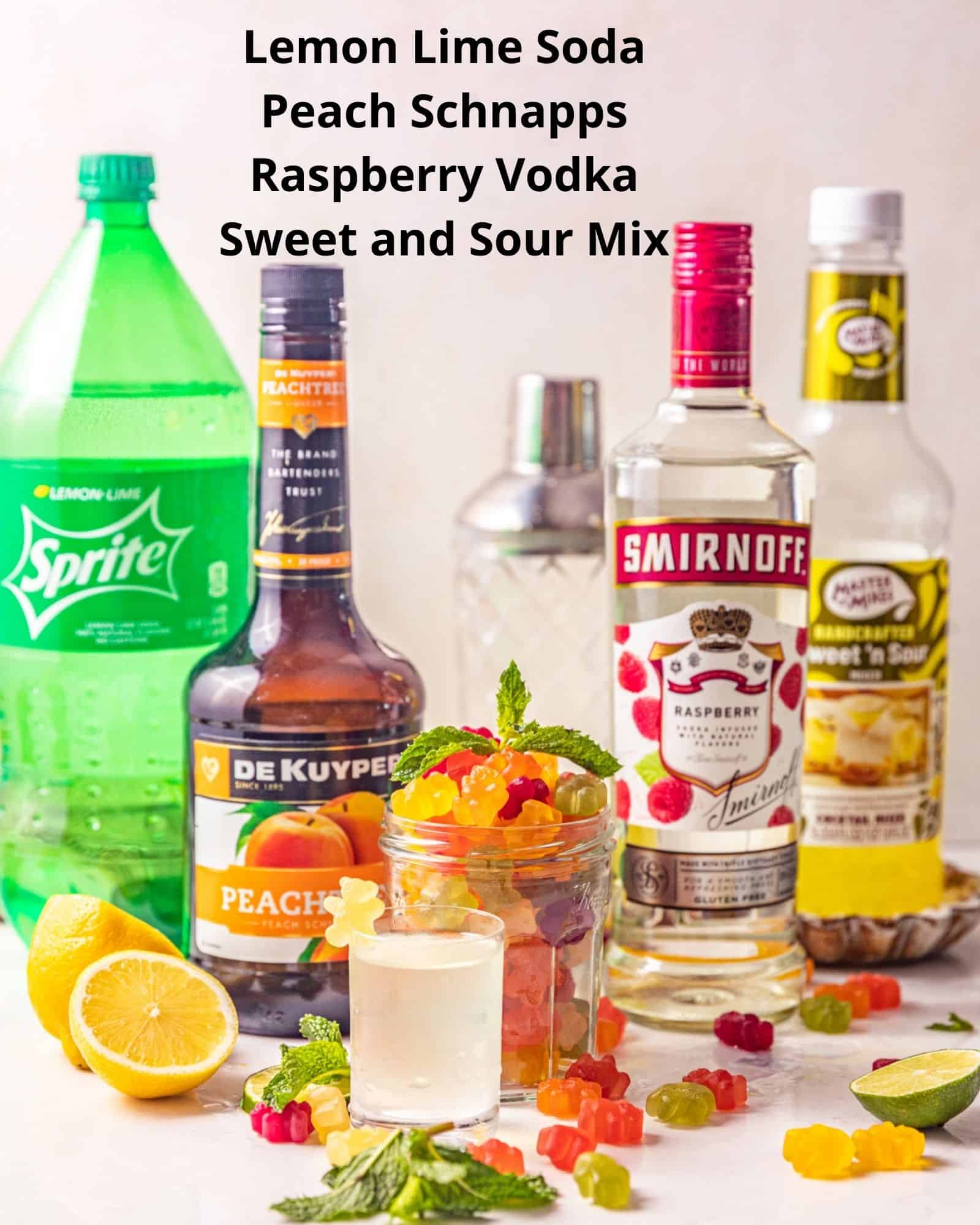 Ingredients needed to make white gummy bear shot - lemon lime soda, peach schnapps, raspberry vodka, and sweet and sour mix.