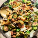 honey sriracha brussels sprouts in a large serving bowl.