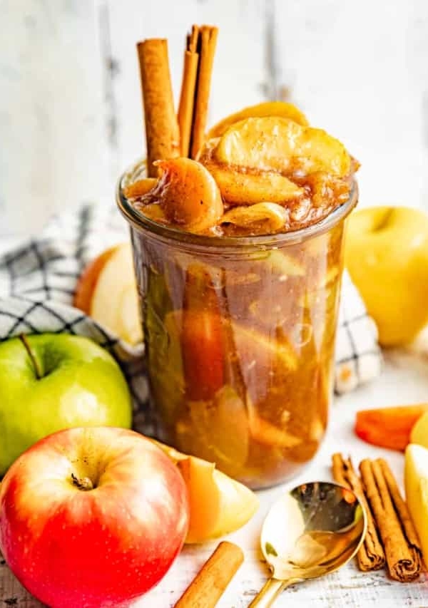 apple pie filling in a glass container.