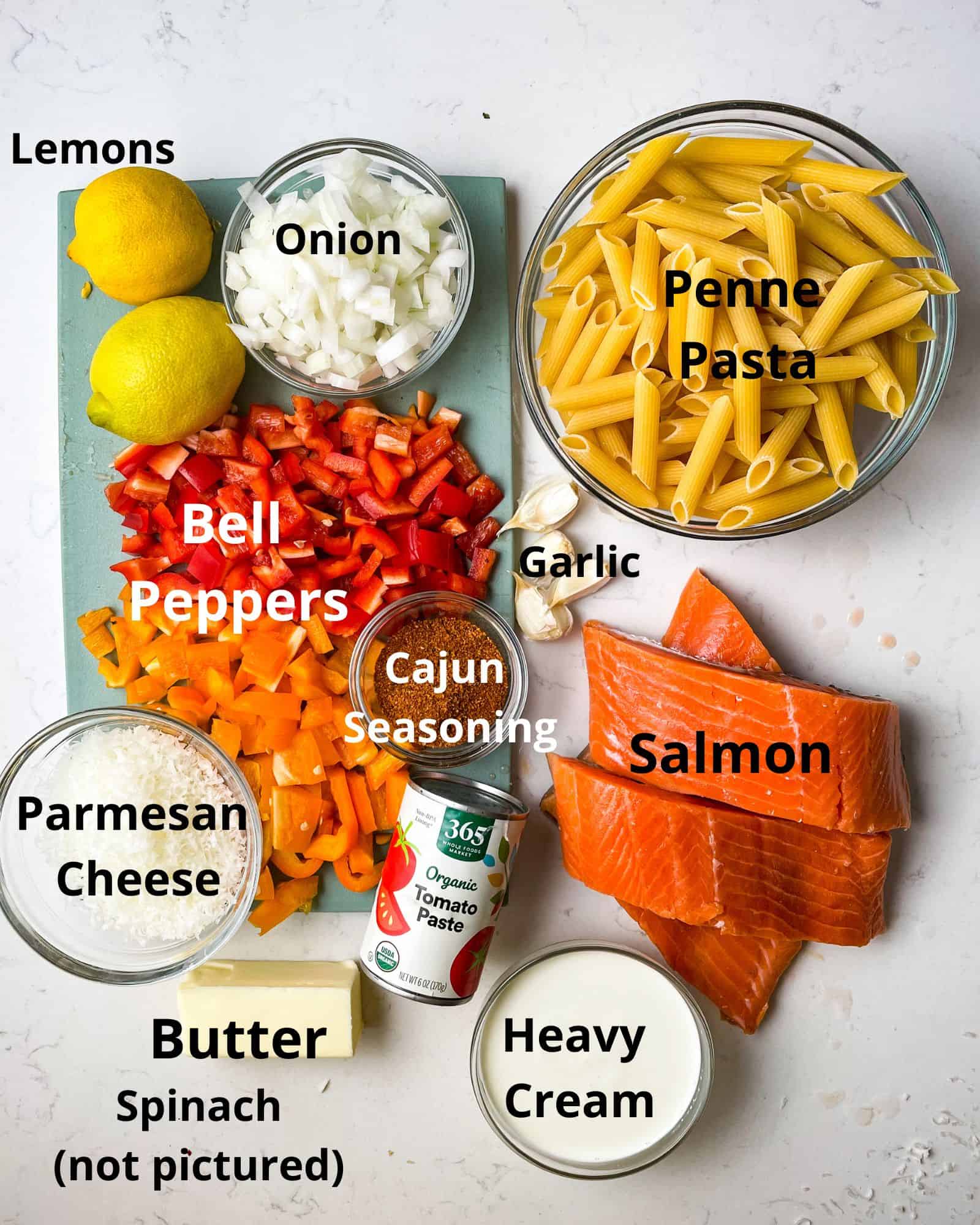 ingredients to make cajun salmon pasta - salmon, cajun seasoning, tomato paste, heavy cream, butter, onion, bell peppers, lemons, parmesan cheese, garlic, and pasta.