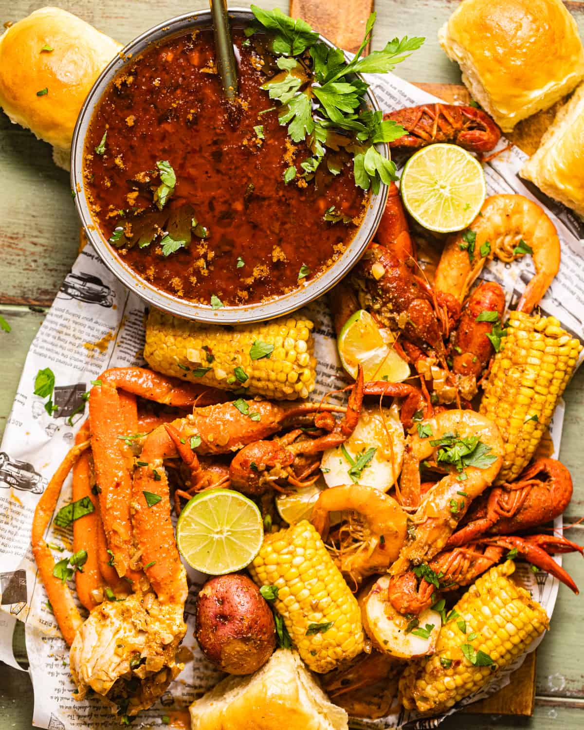 seafood on a table with corn and potatoes.