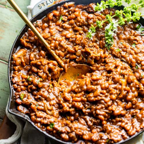 baked beans with ground beef in a large skillet.