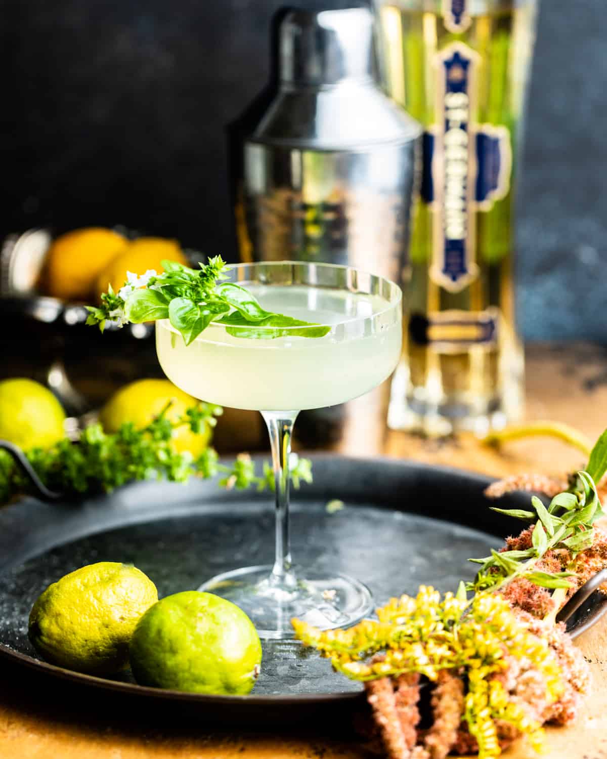 a french gimlet on a serving tray.