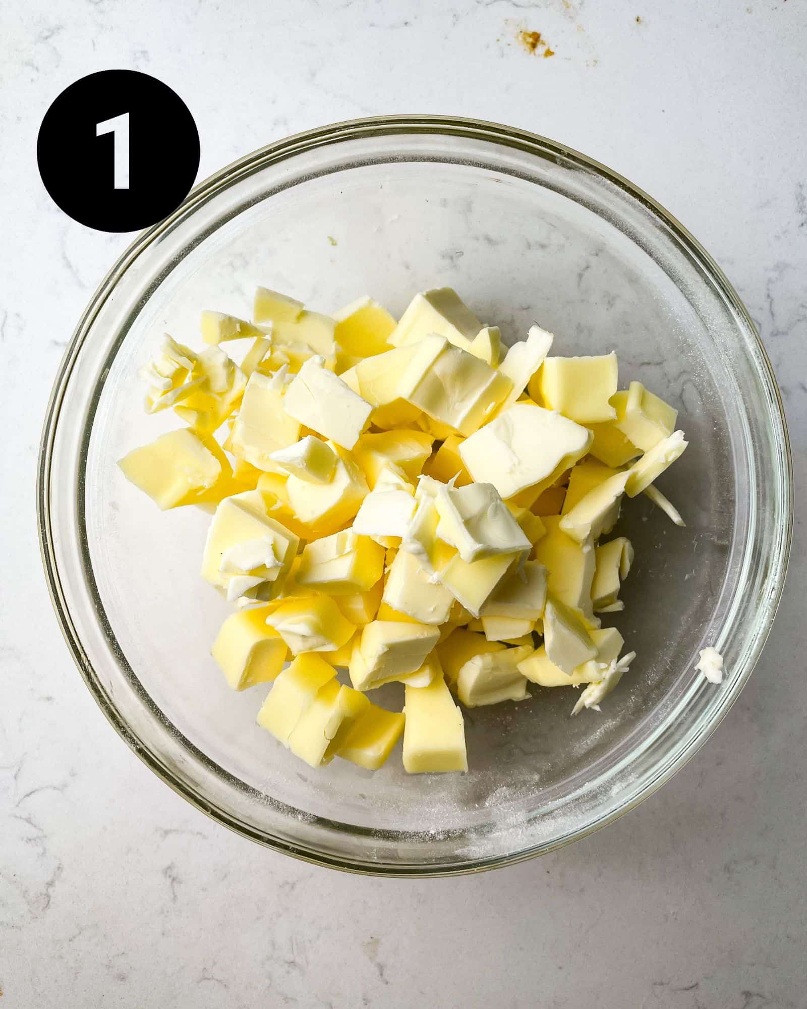 butter cut into chunks in a large mixing bowl.