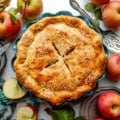 classic apple pie in a pie dish.
