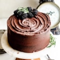 chocolate ganache cake on a cake stand.