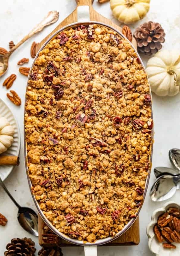 bourbon sweet potato casserole in a casserole dish.