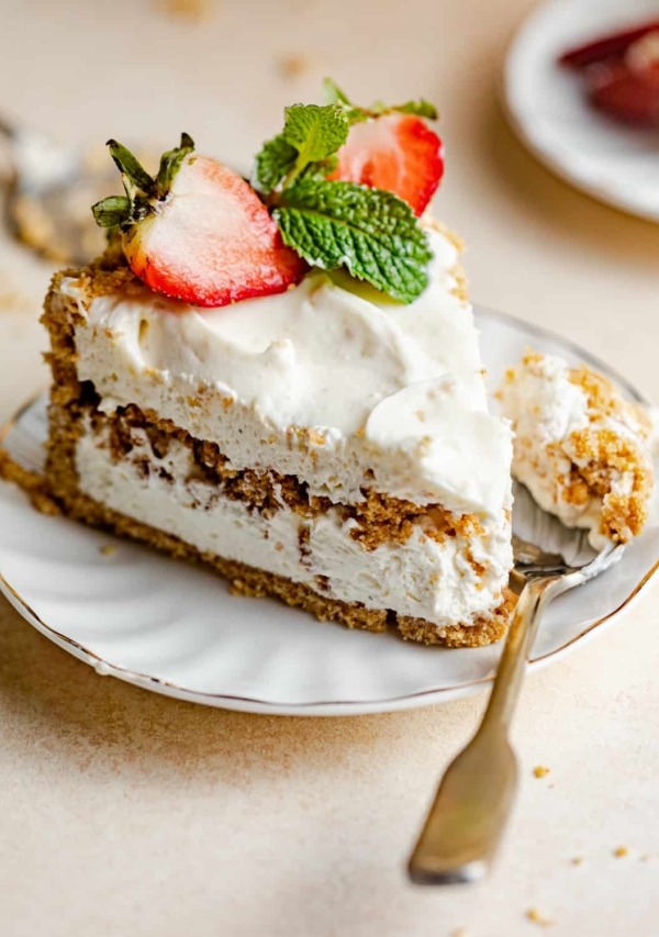 a slice of philadelphia no bake cheesecake on a plate.