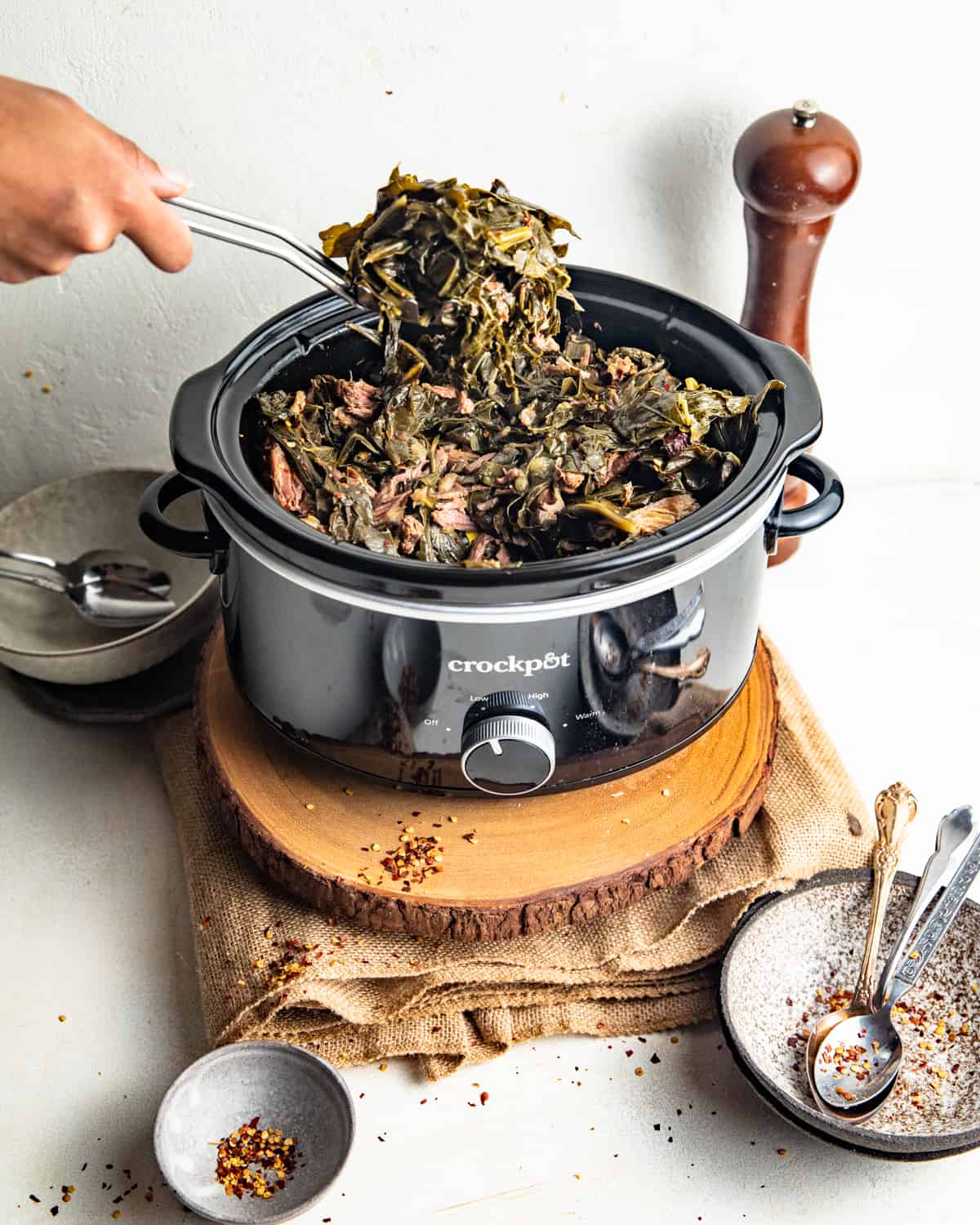collard greens in a slow cooker.