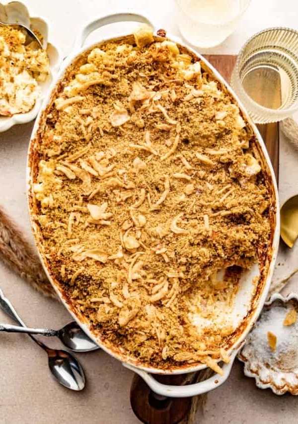 prosciutto mac and cheese in a oval baking dish