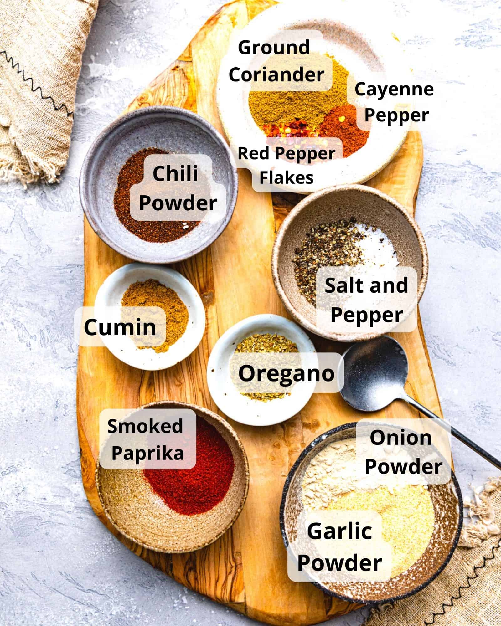 ingredients to make chicken taco seasoning - ground coriander, red pepper flakes, cayenne pepper, smoked paprika, oregano, chili powder, salt, pepper, garlic powder, and onion powder.