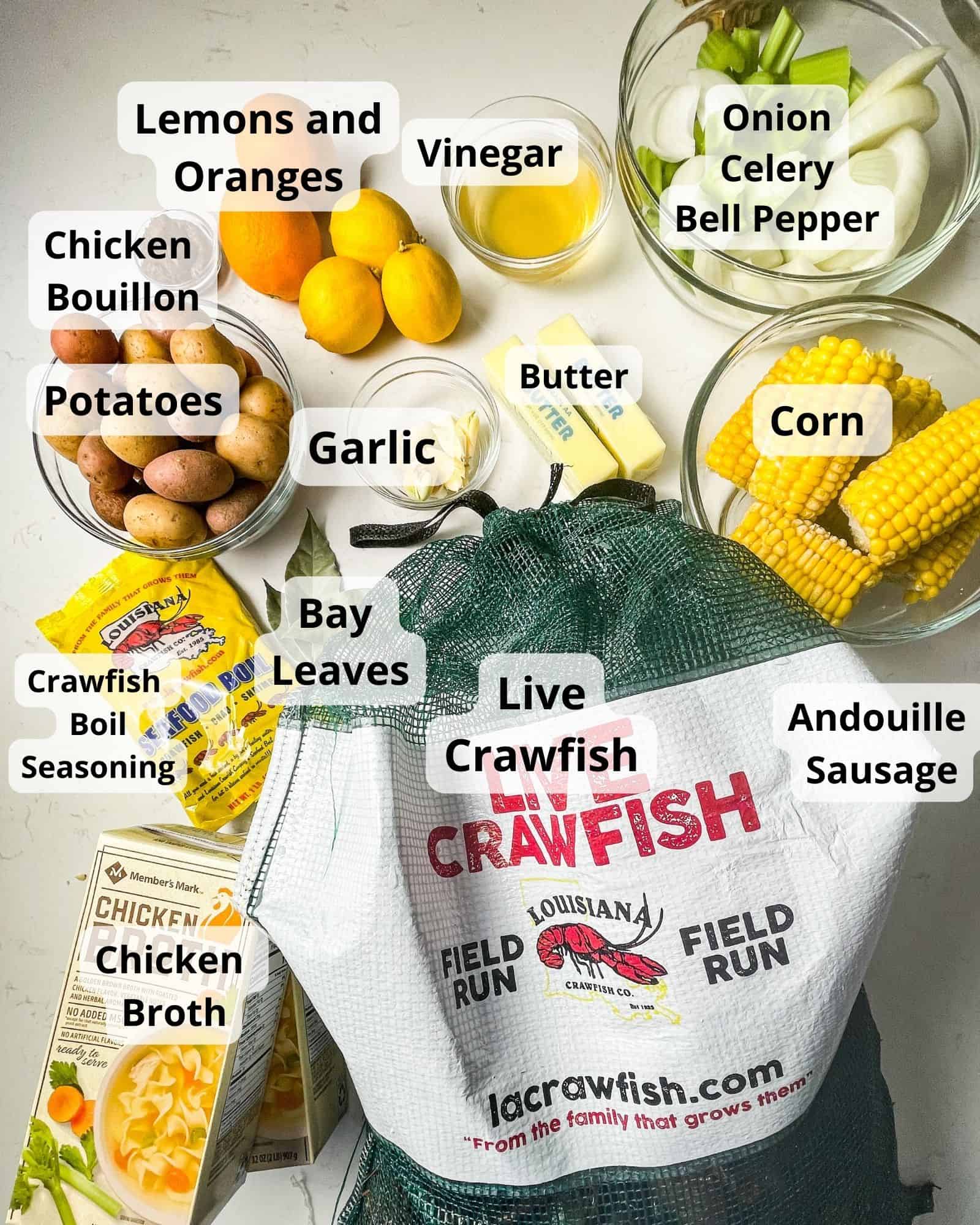 ingredients to make a crawfish boil - live crawfish, green bell peppers, celery, onions, garlic, corn, chicken broth, chicken bouillon, sausage, bay leaves, oranges, lemons, potatoes, crawfish boil seasoning, and vinegar.
