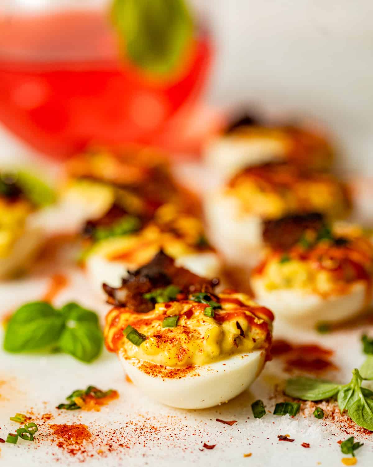 up close photo of spicy deviled eggs