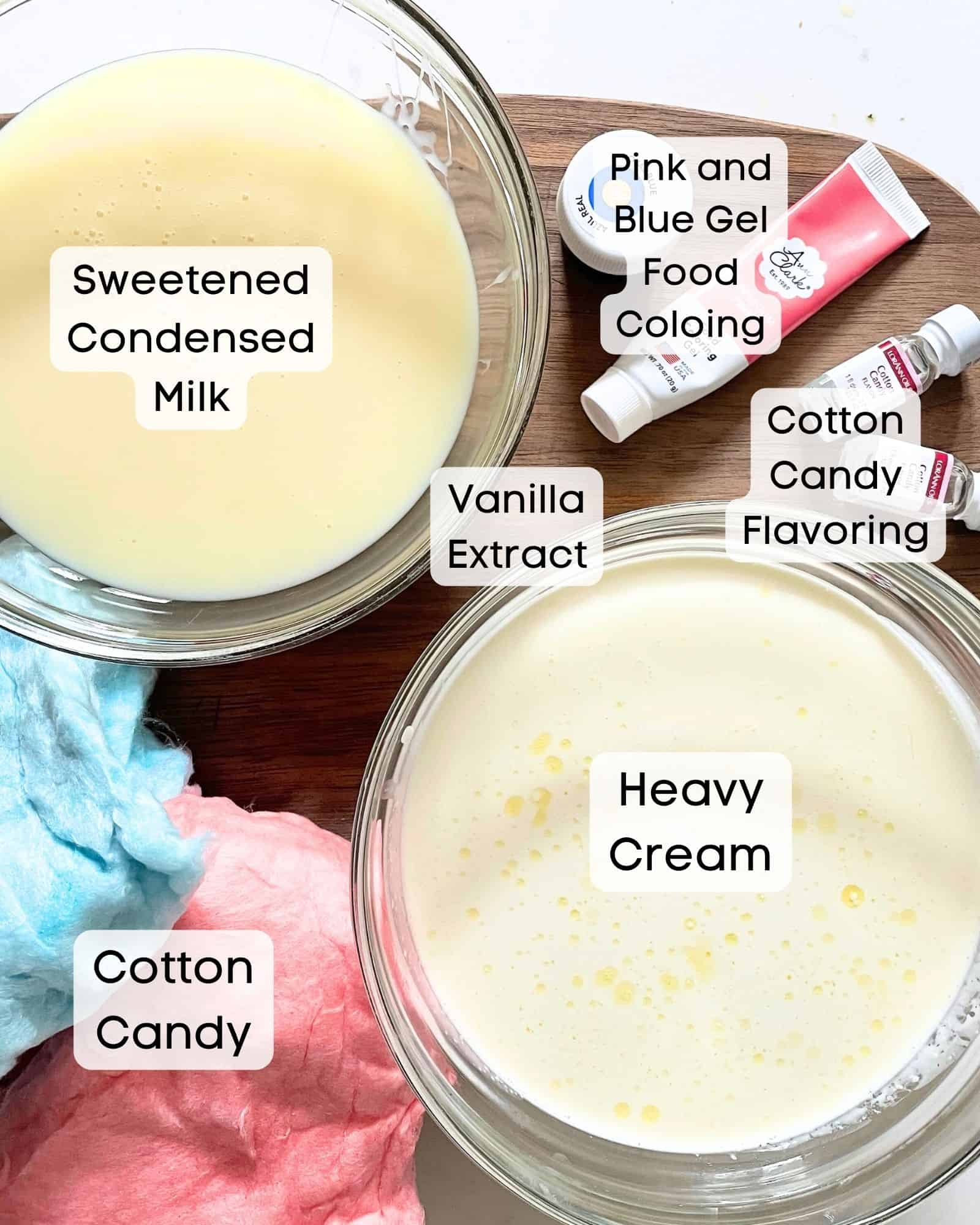 cotton candy ice cream ingredients - sweetened condensed milk, heavy cream, pink and blue food coloring, cotton candy, and vanilla extract.