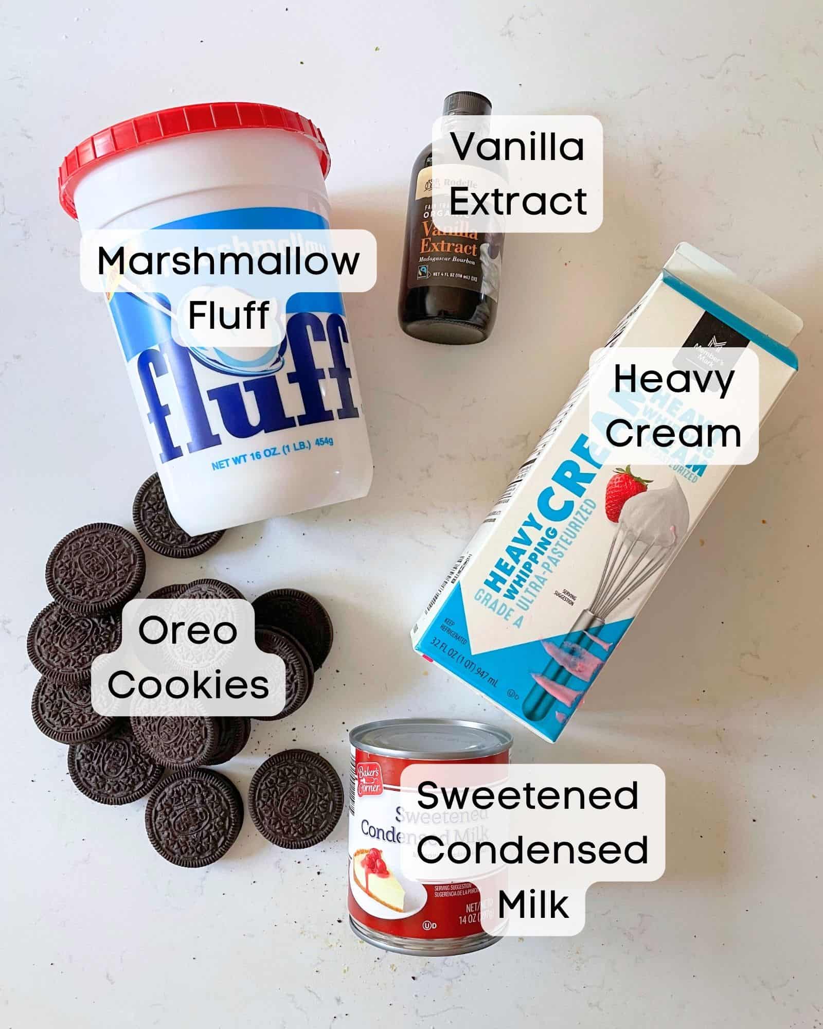 ingredients to make oreo ice cream - heavy cream, sweetened condensed milk, oreo cookies, vanilla extract, and sweetened condensed milk.