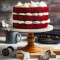 red velvet cake on a cake stand with cream cheese frosting on top.