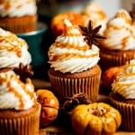 salted caramel pumpkin cupcakes with small pumpkins around it