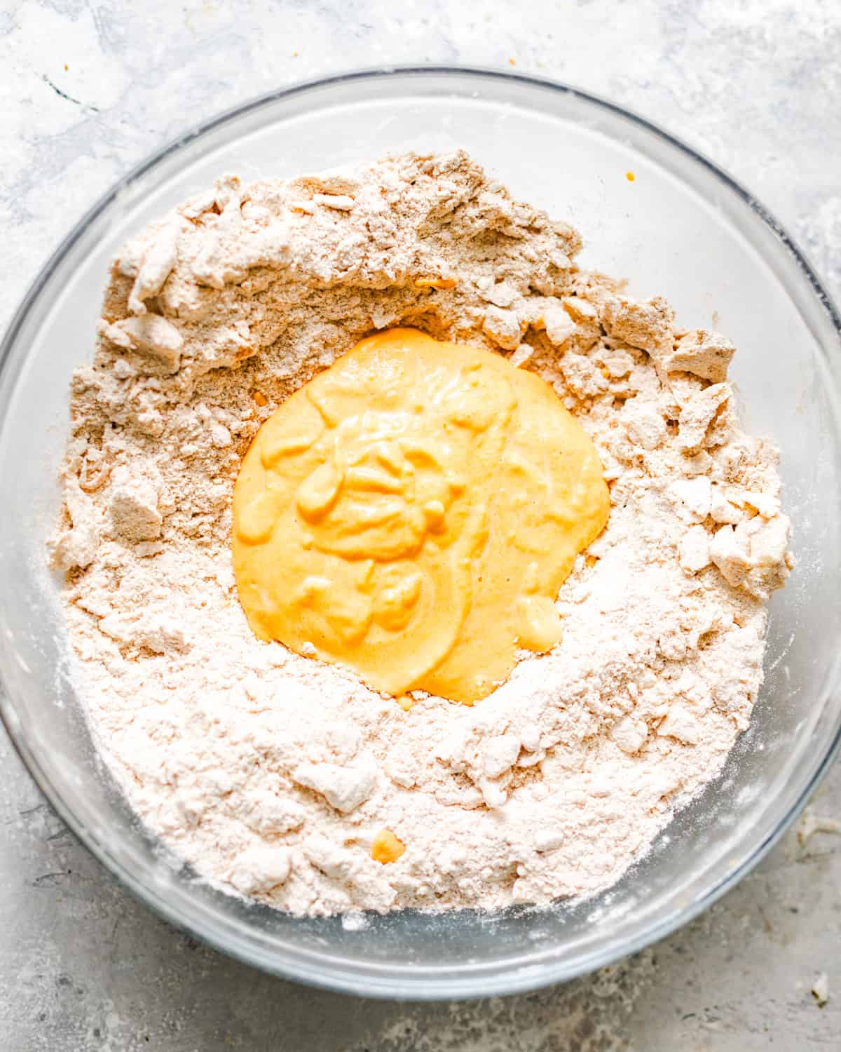 sweet potato puree poured into the dry ingredients.